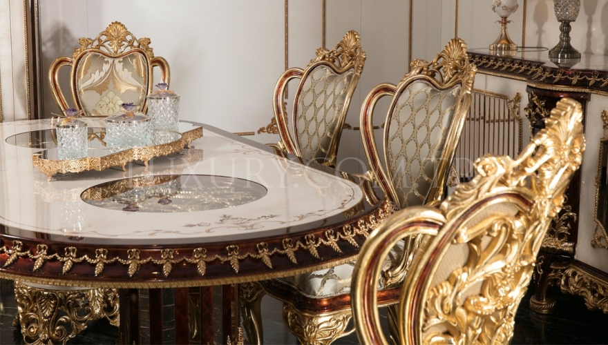 Yasemin Classic Gold Leaf Dining Room Set - 7